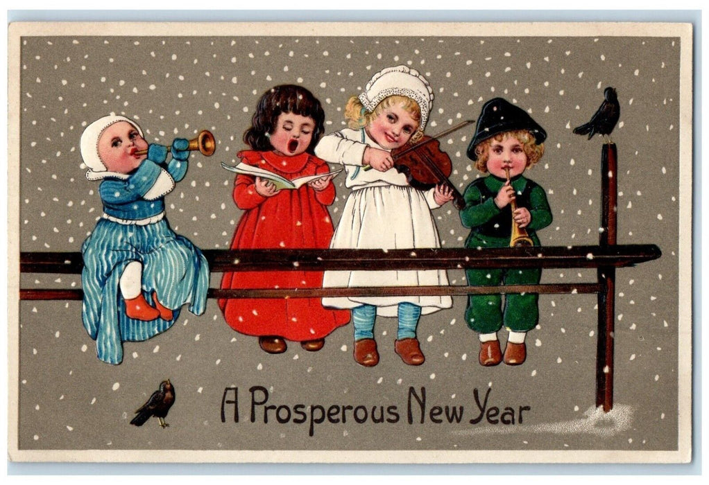 c1910's New Year Children Caroling Song Birds Snowfall Embosses Antique Postcard