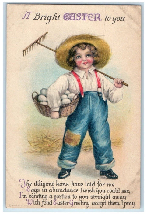 1919 Easter Boy Holding Basket With Eggs Wolf Caledonia Ohio OH Antique Postcard