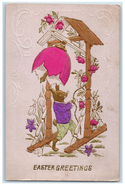 Easter Greetings Anthropomorphic Rabbit Hatched Egg Bell Flowers Postcard