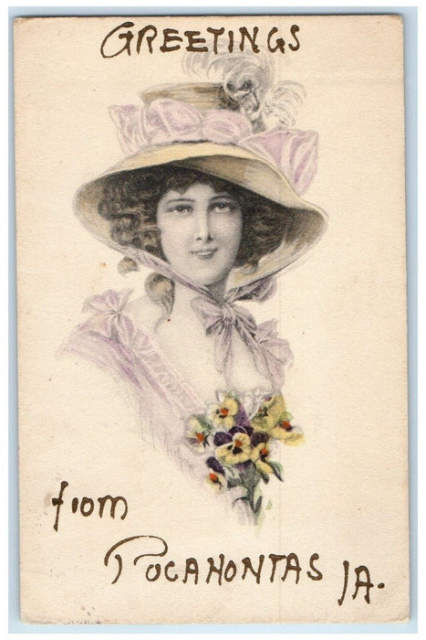 1911 Greetings From Pocahontas Iowa IA, Pretty Woman Big Hat Flowers Postcard