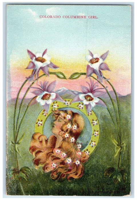 c1910's Colorado Columbia Girl Curly Hair Flowers Art Novena Antique Postcard