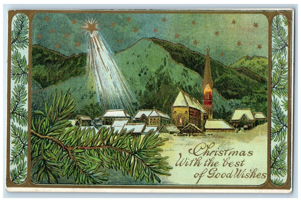 c1910's Christmas House Church Winter Scene Star Embossed Antique Postcard