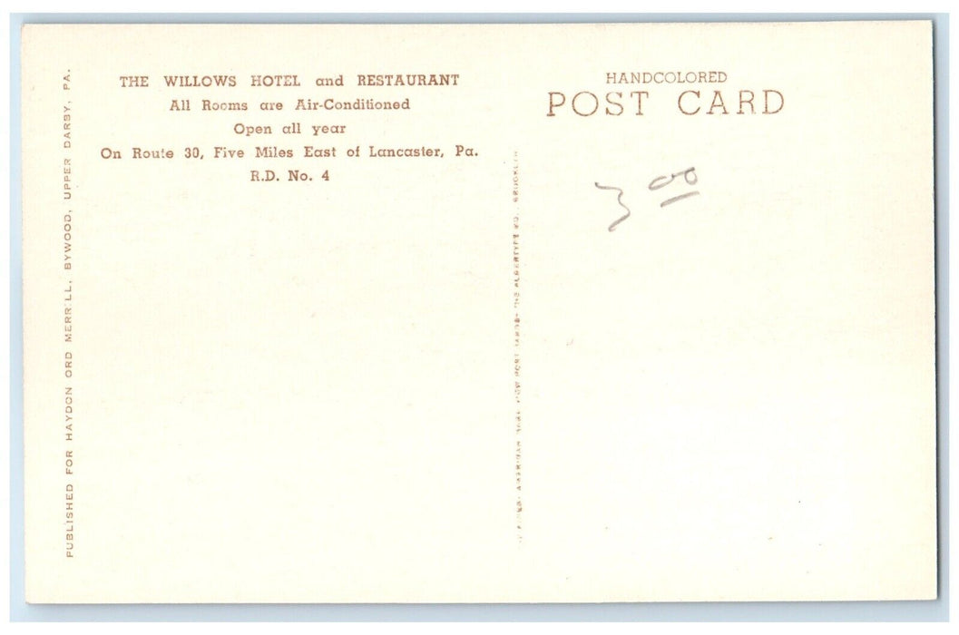 c1940 Exterior View Willows Hotel Restaurant Lancaster Pennsylvania PA Postcard