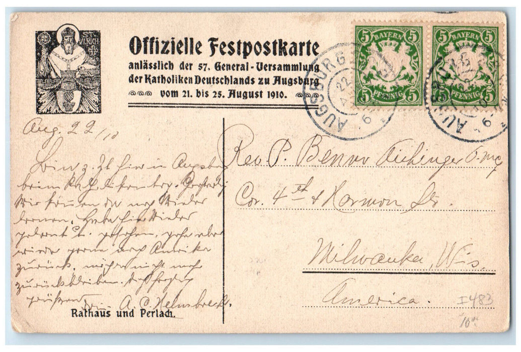 1910 Town Hall and Perlad Official Celebratory Augsburg Bavaria Germany Postcard