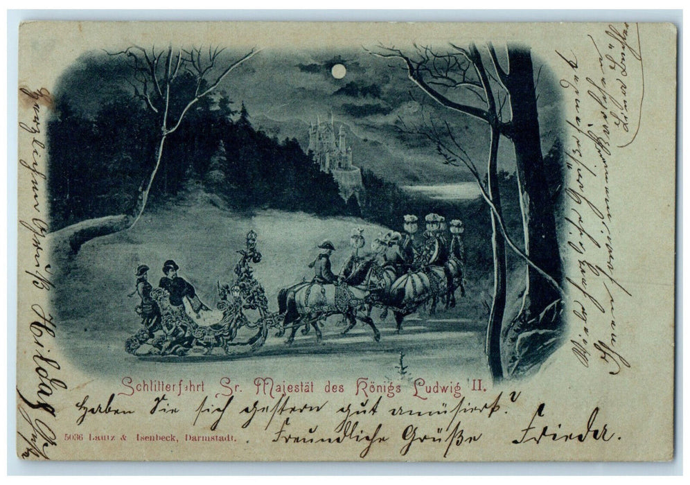 1908 Sleigh Ride Sr. Majesty of King Ludwig II Germany Moonlight Postcard