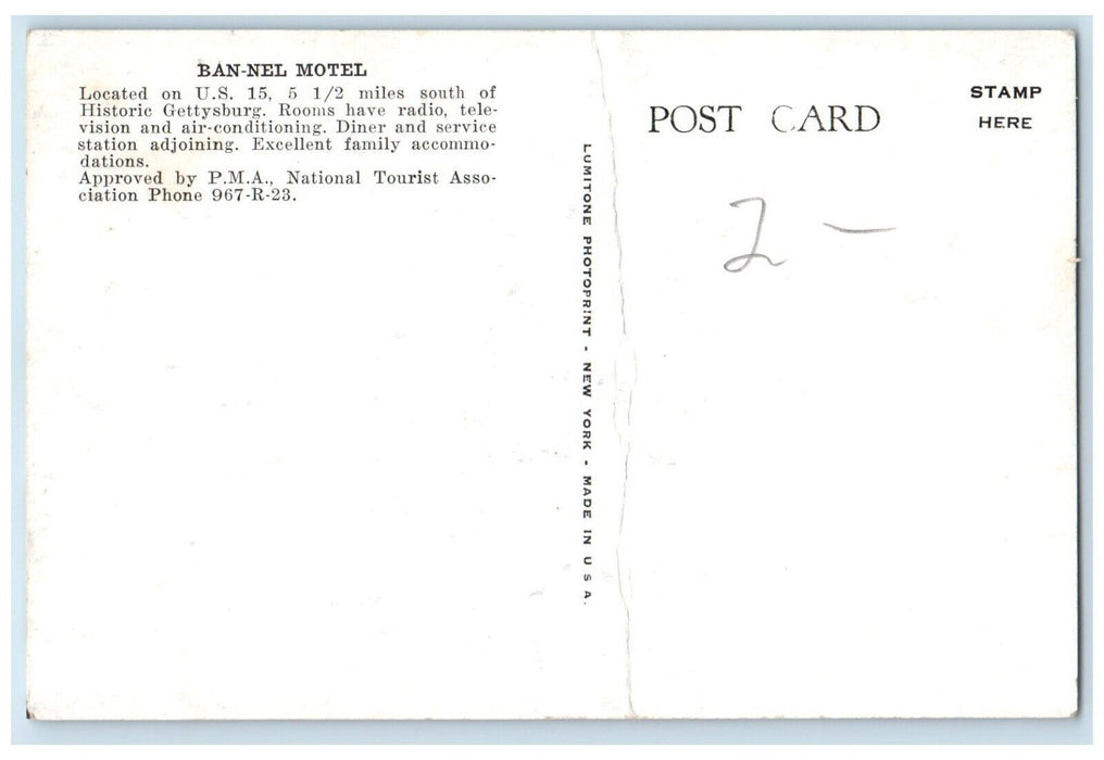 c1950's Ban Nel Motel Roadside Car Gettysburg Pennsylvania PA Vintage Postcard