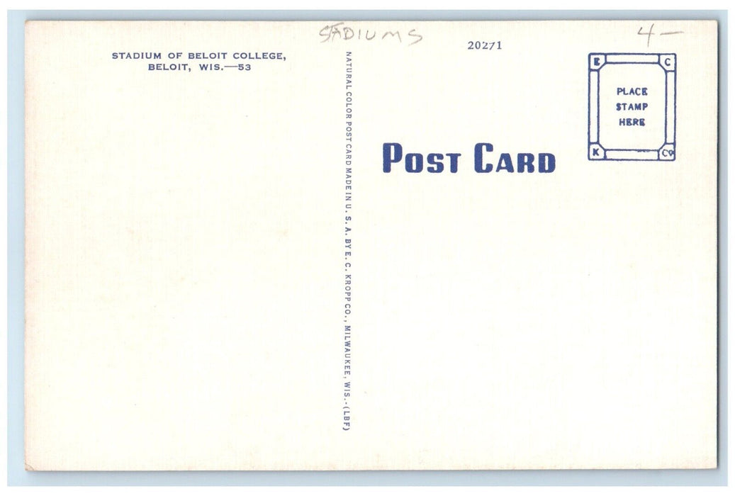c1950's Bird's Eye View Stadium Of Beloit College Beloit Wisconsin WI Postcard