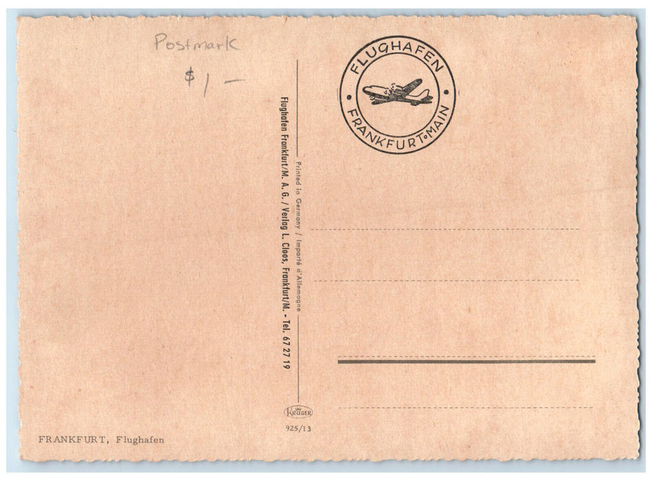 c1950's Three Flags Airplane Fluqhafen Frankfurt Germany Postmark $1  Postcard