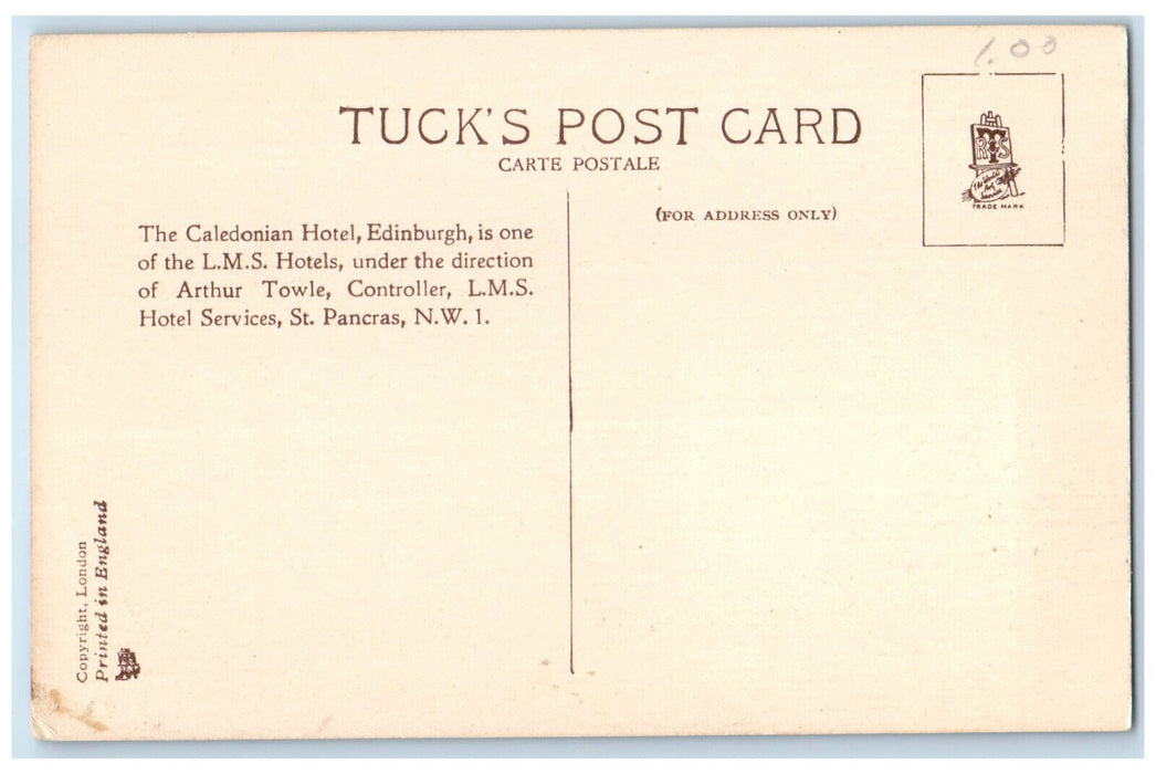 c1910 One of LMS Hotels Caledonian Hotel Edinburgh Scotland Tuck Art Postcard