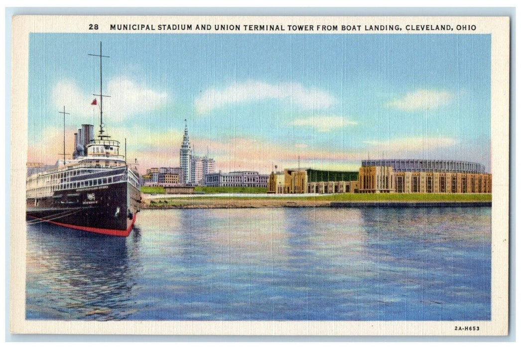 Municipal Stadium And Union Terminal From Boat Landing Cleveland Ohio Postcard