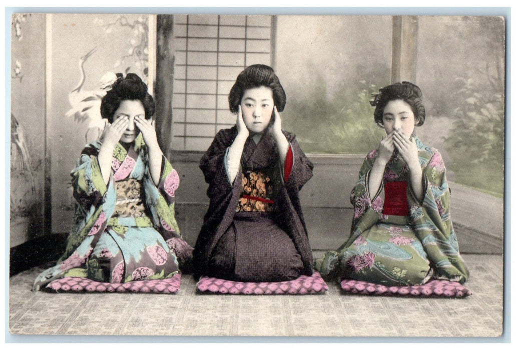 c1910 Hear No Evil Monkeys Women Closing Ears Eyes Mouth Japan Postcard