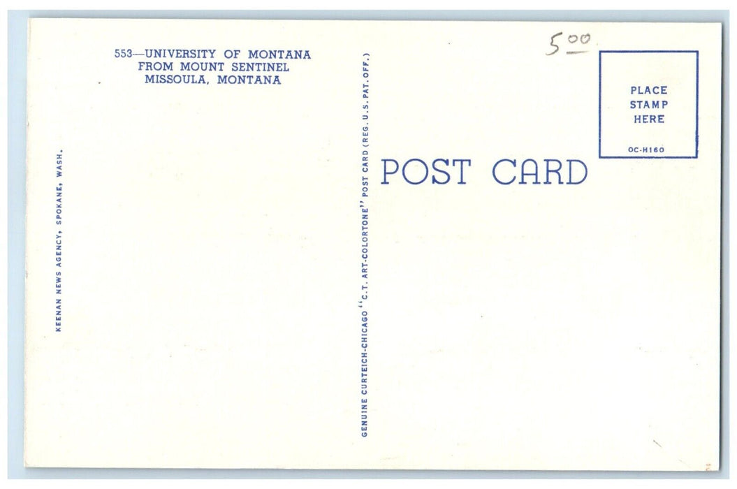 c1950's University Of Montana From Mount Sentinel Missoula Montana MT Postcard