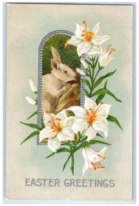 1913 Easter Greetings Rabbit And Lilies Flowers Marine Mills Minnesota Postcard