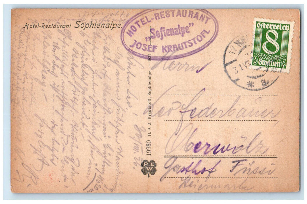 1926 Hotel-Restaurant Sophienalpe Vienna Austria Posted Vintage Postcard
