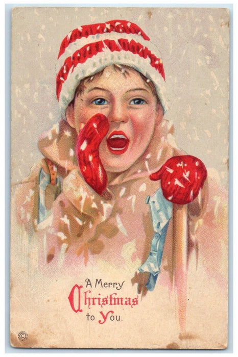 c1910's Merry Christmas Boy Shouting Snowfall Janesville Minnesota MN Postcard