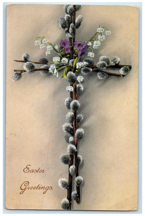 1919 Easter Greetings Cross Pipe Berry With Flowers Gel Stittville NY Postcard