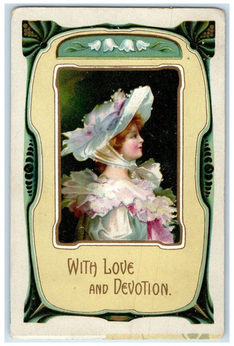 1910 Pretty Woman Big Hat With Love And Devotion Dalton Minnesota MN Postcard