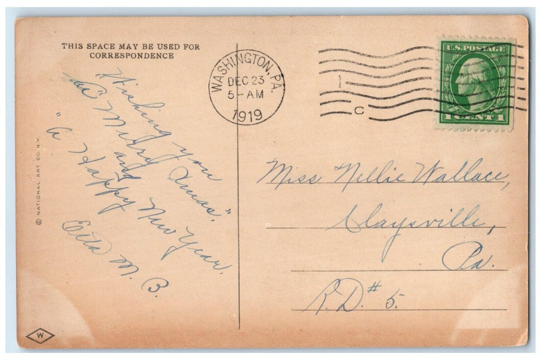 1919 Christmas Hourglass Clock House Interior Washington Pennsylvania Postcard