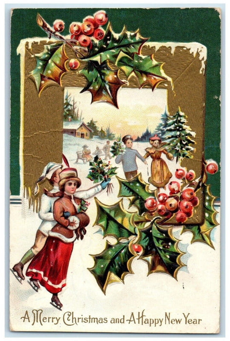 1909 Christmas New Year Couple Skiing Winter Berries Washington DC Postcard