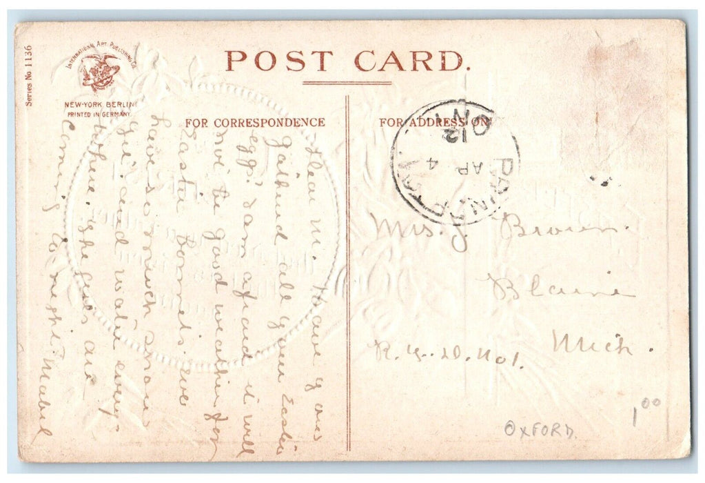 c1910's Easter Cross And Flowers Clapsaddle Embossed Blaine Michigan MI Postcard