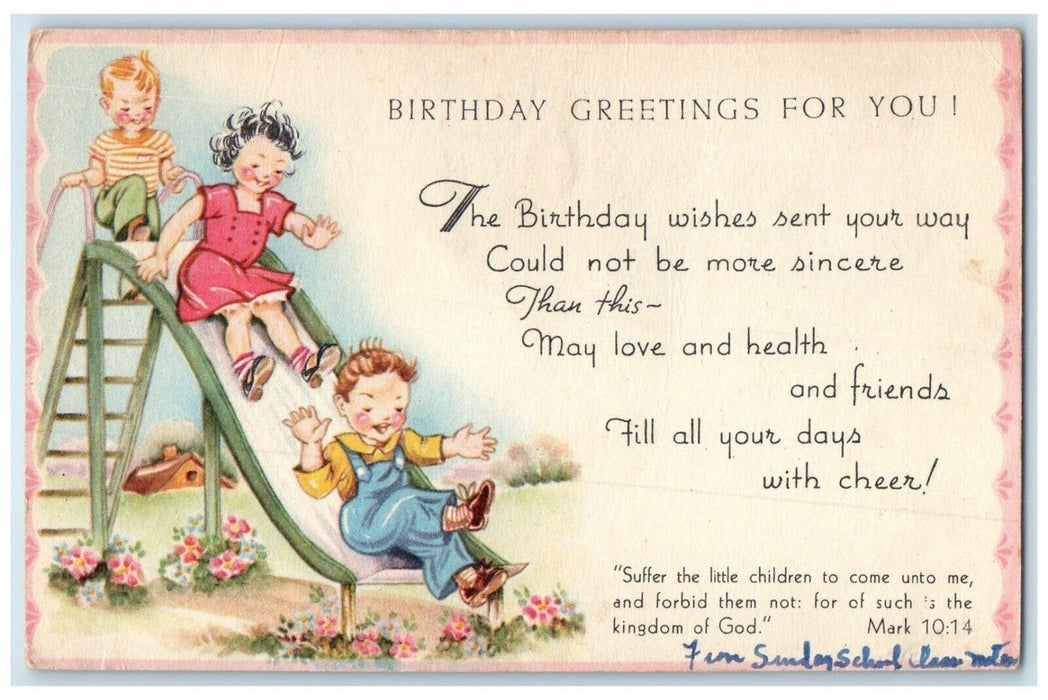 c1910's Birthday Greetings Children Playing Slide Flowers Antique Postcard