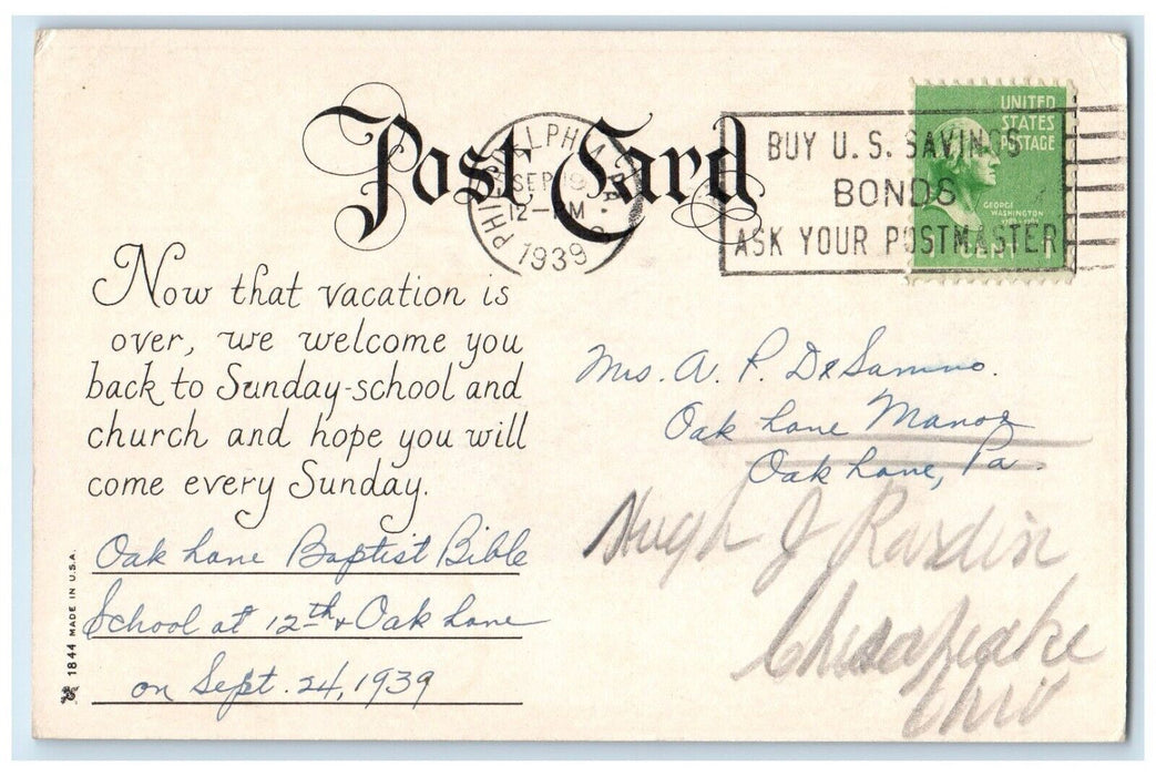 1939 Reopening Day Sunday School Church Philadelphia Pennsylvania PA Postcard