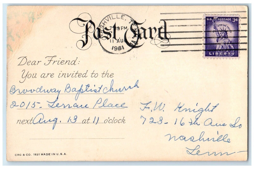 1961 An Invitation Church Bell Tower Nashville Tennessee TN Vintage Postcard