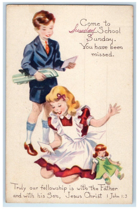 1943 Sunday School Children Doll Reading Verse John 1:3 Cincinnati Ohio Postcard