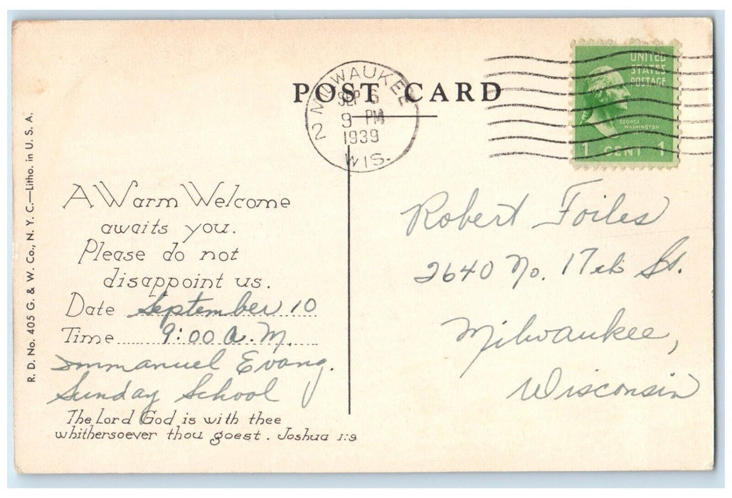 1939 Next Sunday School Church Milwaukee Wisconsin WI Posted Vintage Postcard