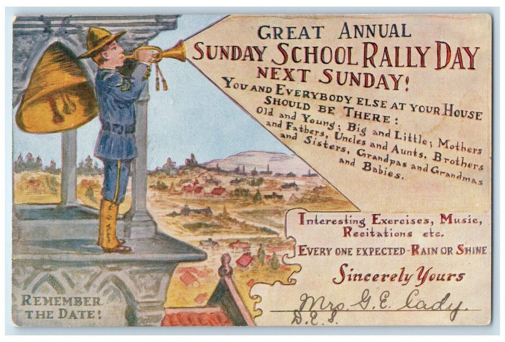 1914 Sunday School Rally Day Soldier Trumpet Port Henry New York NY Postcard