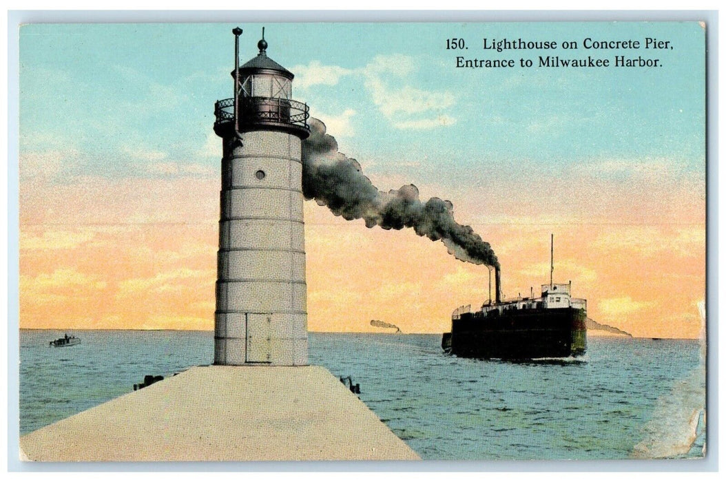 c1910 Lighthouse On Concrete Pier Entrance To Milwaukee Harbor Boat WI Postcard