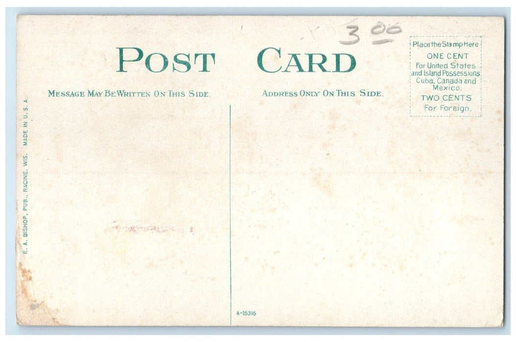 c1910 Lighthouse On Concrete Pier Entrance To Milwaukee Harbor Boat WI Postcard