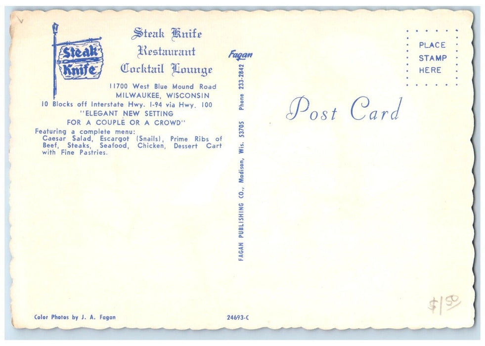 c1950's Steak Knife Restaurant Cocktail Lounge Milwaukee Wisconsin WI Postcard
