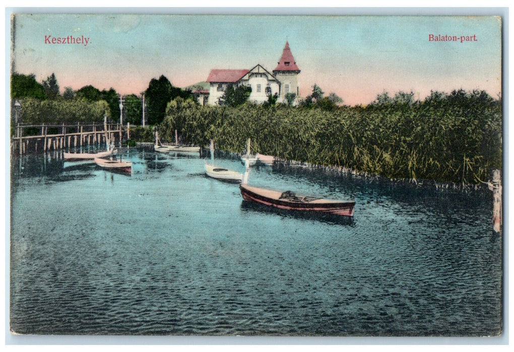 1912 Keszthely Balaton Coast Hungary Boat Canoeing Antique Unposted Postcard