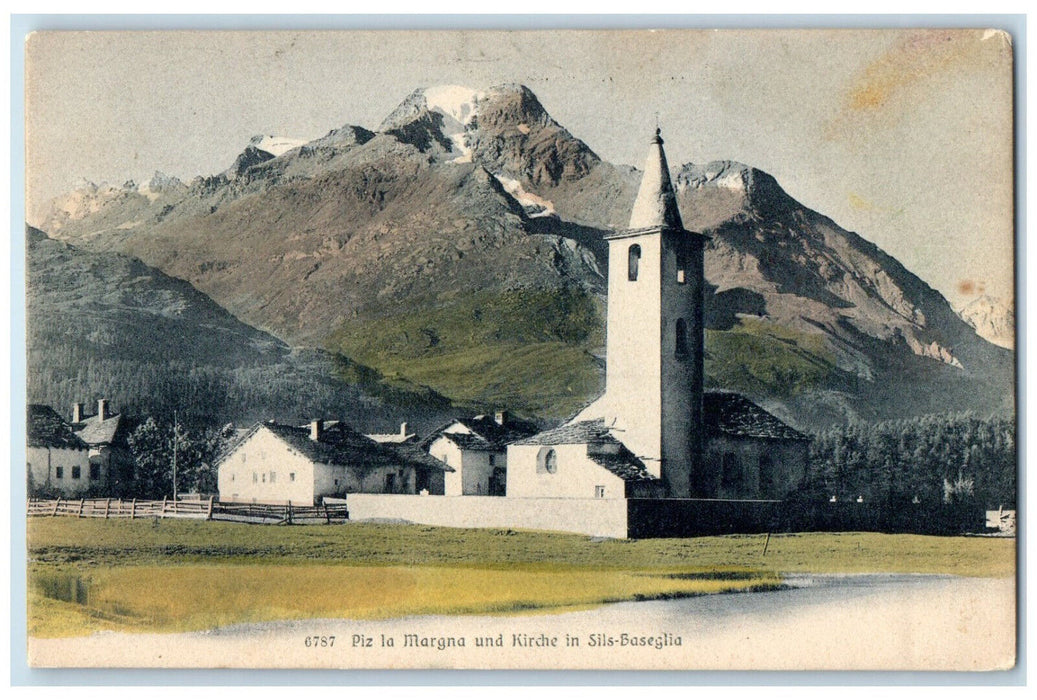 c1910 Piz La Margna And church in Sils-Baselgia Switzerland Postcard