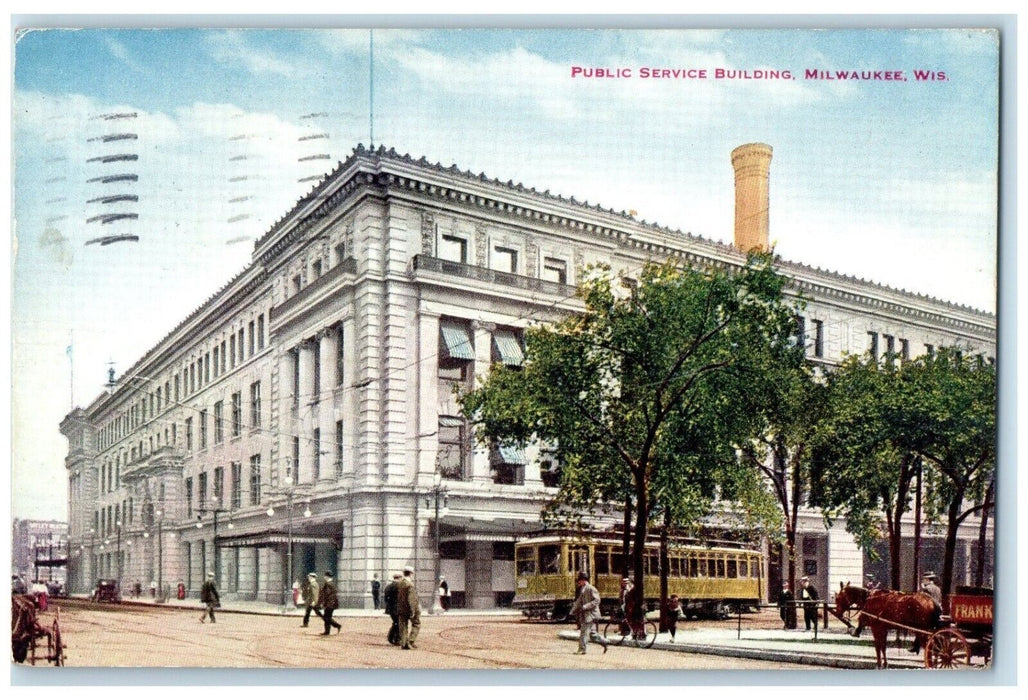1917 Public Service Building Trolley Street View Milwaukee Wisconsin WI Postcard