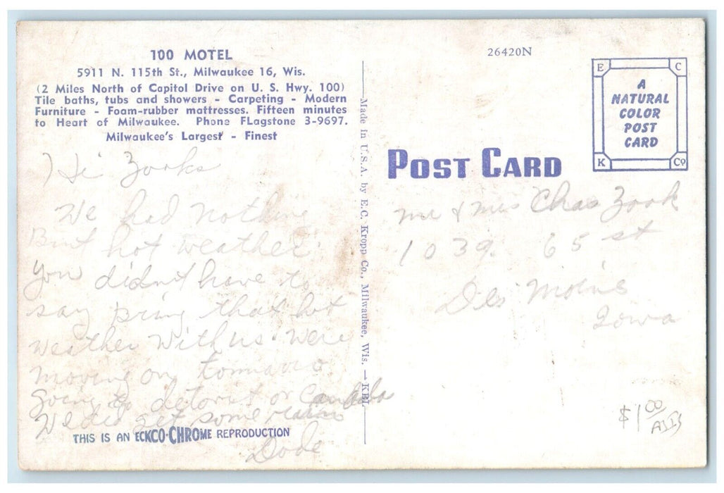 c1950's 100 Motel Roadside Milwaukee Wisconsin WI Posted Vintage Postcard