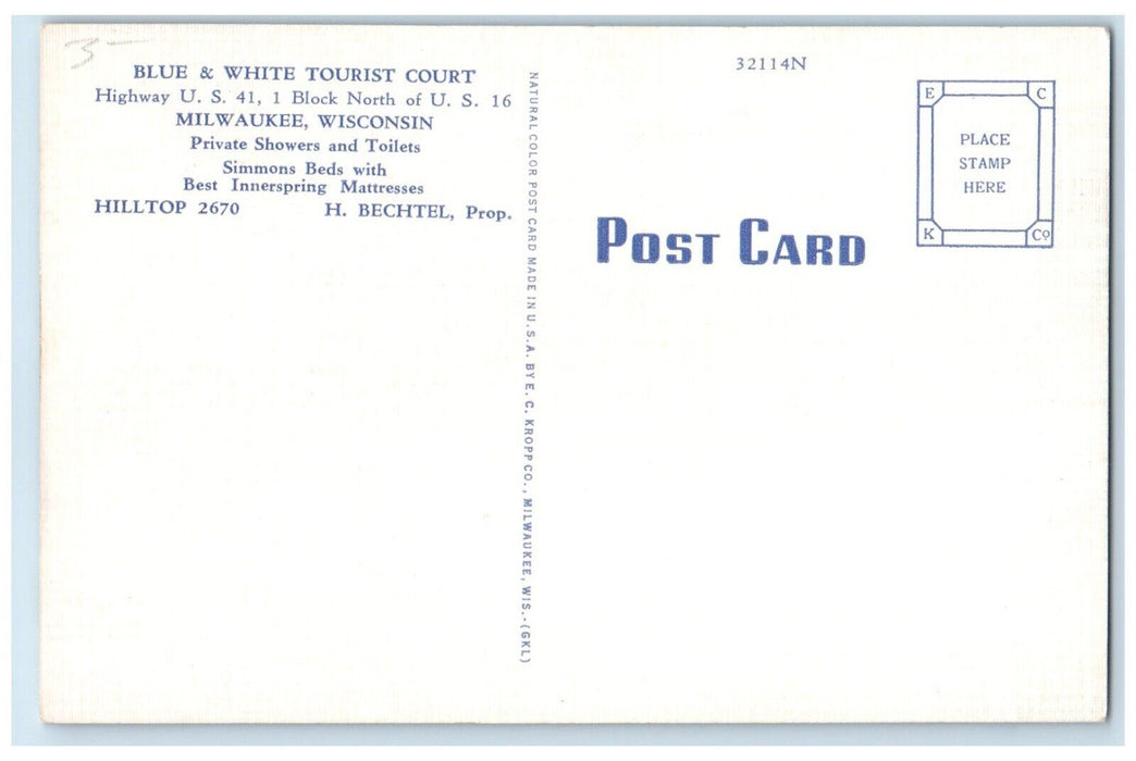 c1950's Blue White Tourist Court Motel Roadside Milwaukee Wisconsin WI Postcard