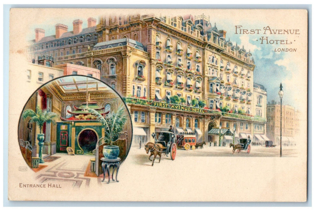 c1910 First Avenue Hotel London England Entrance Hall Unposted Antique Postcard