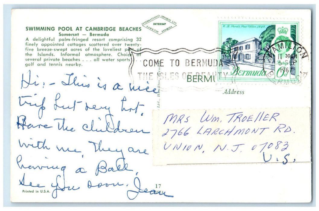 1967 Swimming Pool at Cambridge Beaches Somerset Bermuda Posted Postcard