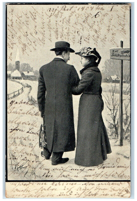 1904 Couple Romance Winter Scene Sign Hungary Posted Antique Postcard