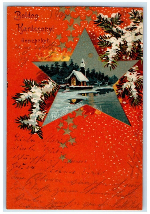 1903 New Year Stars Church Winter Scene Hungary Embossed Posted Antique Postcard