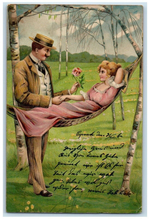 1903 Sweet Couple Romance Hammock Embossed Hungary Posted Antique Postcard