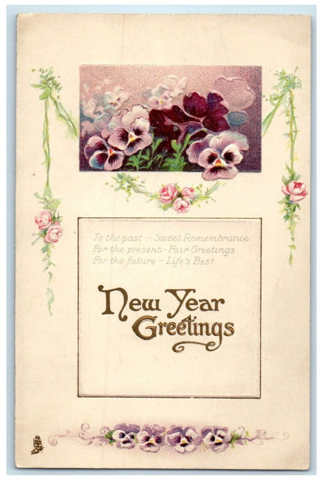 1915 New Year Greetings Flowers Embossed Tuck's Posted Antique Postcard