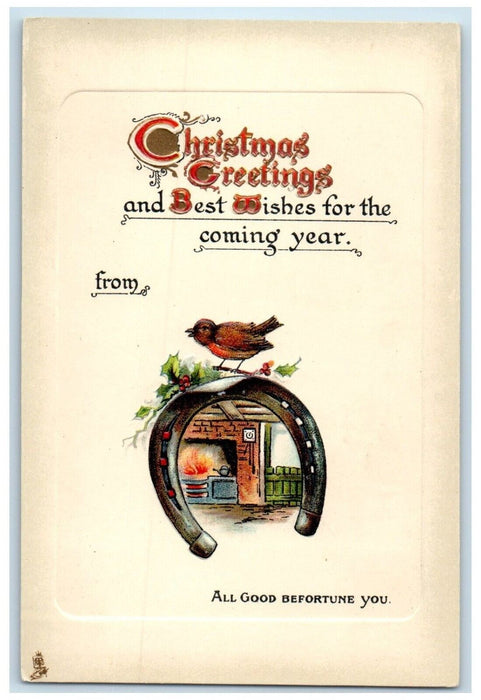 Christmas Greetings Horseshoe Song Bird Fireplace Embossed Tuck's Postcard