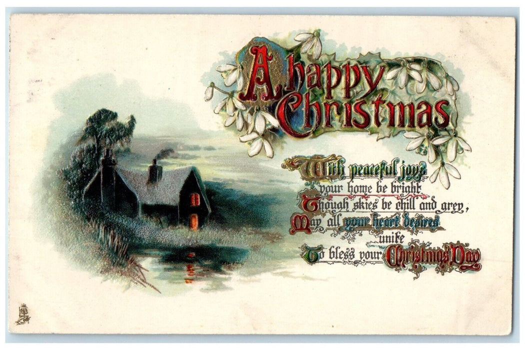 1910 Christmas House Chimney Smoke Flowers Embossed Posted Antique Postcard