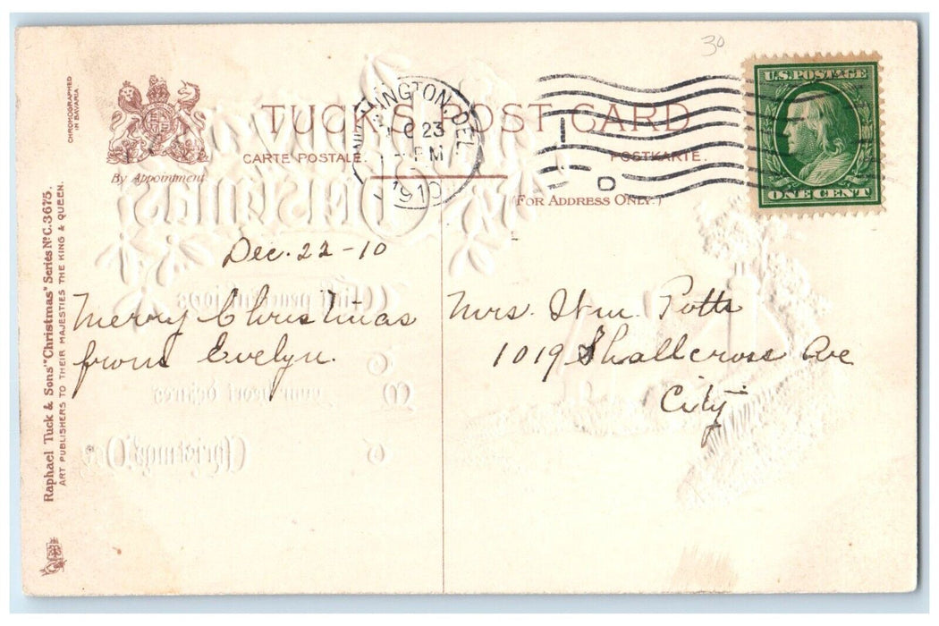 1910 Christmas House Chimney Smoke Flowers Embossed Posted Antique Postcard