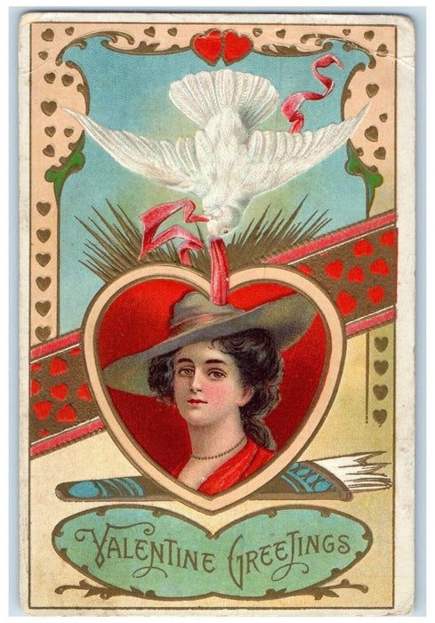 Valentine Greetings Pretty Woman Heart Dove Embossed Pennock Minnesota Postcard