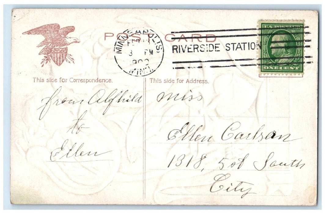 1909 Valentine Two Heads Flowers Hearts Arrow Embossed Minneapolis MN Postcard