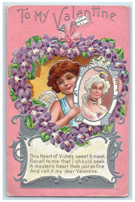 1912 Valentine Hearts Of Violet Flowers Angel Embossed Posted Antique Postcard